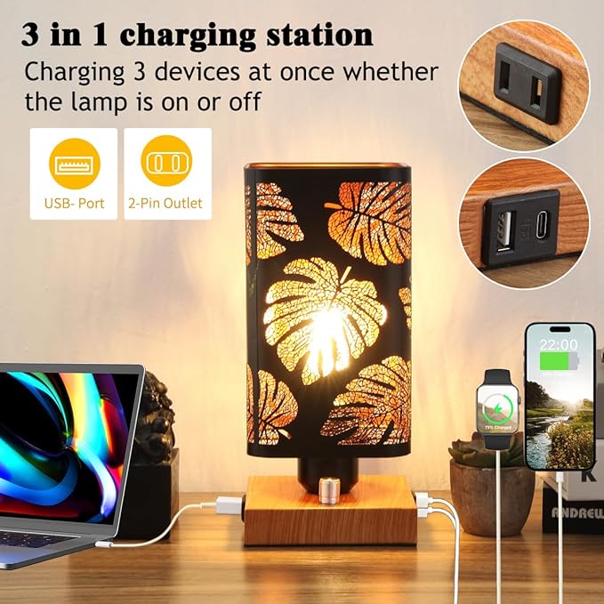 Industrial Table Lamp Sets of 2 with USB Ports and Outlet, Rustic Dimmable Bedside lamp with Charging Station, Metal Square Shadow Nightstand Lamp for Bedroom Living Room End Tables
