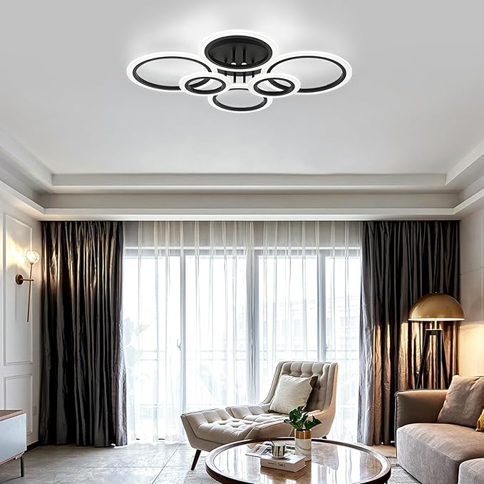 Vikaey Modern LED Flush Mount Ceiling Light, 6 Rings Black Close to Ceiling Light Fixtures, Living Room Lighting Fixture Ceiling Lamp for Kitchen, Bedroom, Laundry Room, 4000K Not Dimmable