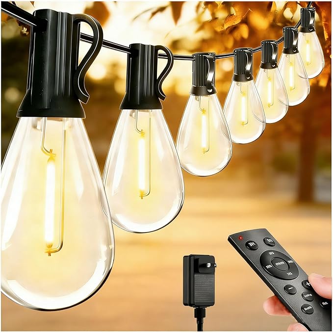 100FT LED Outdoor String Lights with Remote, Dimmable Timing 3 Light Modes Outside Patio Lights for Backyard Porch Deck Garden Balcony Pool Party Hanging Lighting Decor