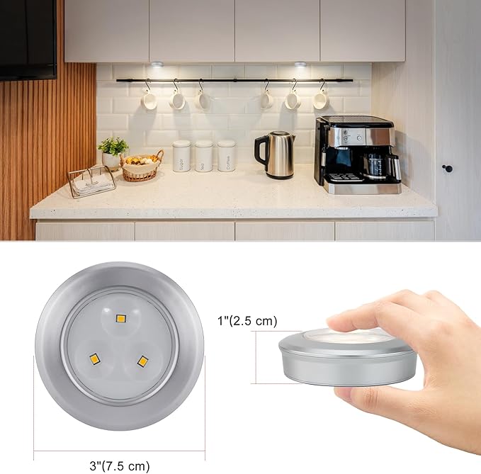 Wireless LED Puck Lights, Touch Activated Tap Ligh, Battery Operated Stick On Lights for Under Cabinet, Kitchen, Closet & Counters, 3-Pack, Silver