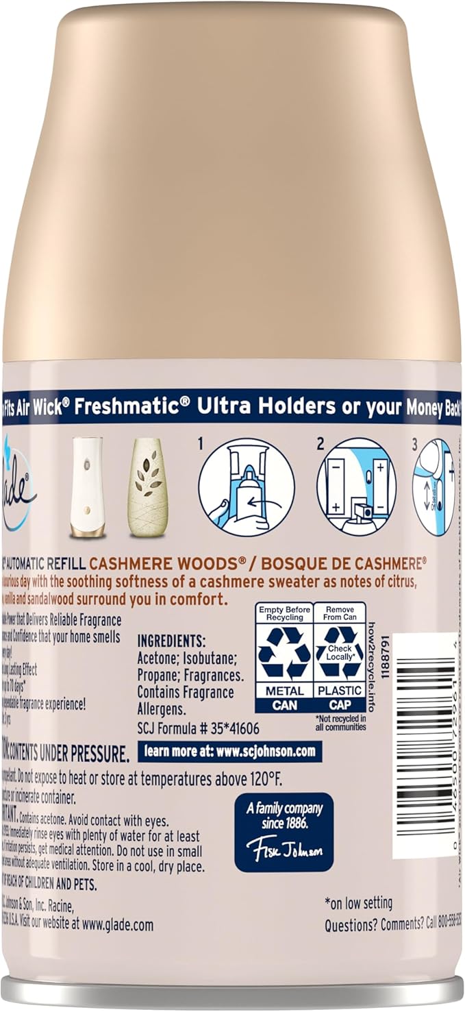 Glade Automatic Spray Refill, Air Freshener for Home and Bathroom, Cashmere Woods, 6.2 Oz