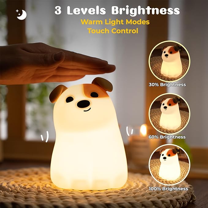 AVEKI Puppy Night Light for Kids, Cute Dog Lamp Dog Lover Gifts for Women & Kid, Dimmable Silicone Animal Night Light for Baby Nursery, Rechargeable Touch Desk Lamp Table Lamp, Kawaii Room Decor