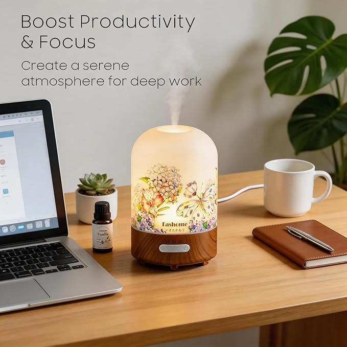 Essential Oil Diffuser Hand Blown Glass, 100ml Small Aromatherapy Diffuser, Auto Shut-Off Function, Ultrasonic Diffusers for Essential Oils, Cool Mist Humidifier with Warm White Lights