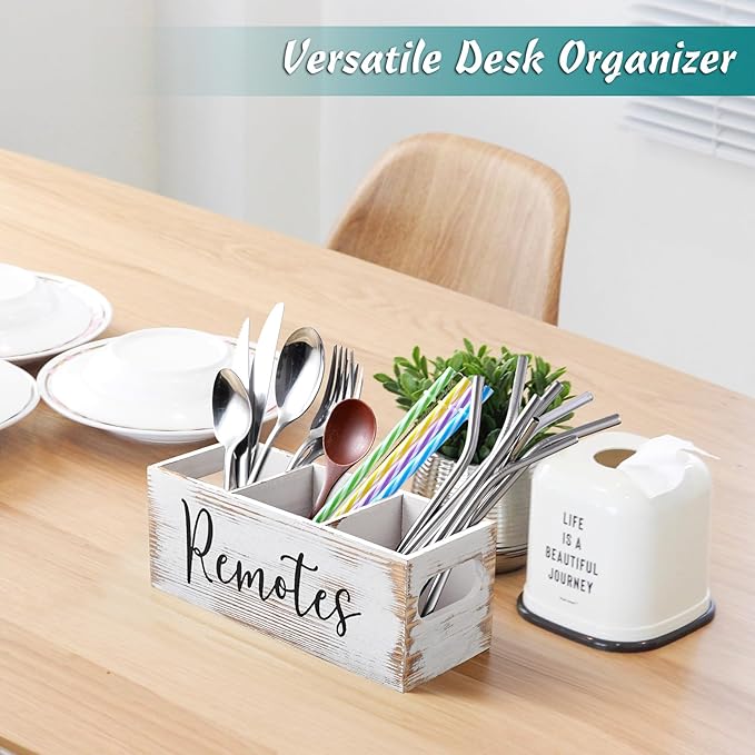 DRASTAR Remote Control Holder, Wood TV Remote Holder, Remote Storage Caddy, Remote Control Organizer (Retro White, 3 Slots)