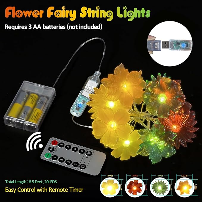 JASHIKA Cute Flower Fairy Lights String of Flowers for Decorating Floral Garland for Wedding Christmas Bedroom Lights 6.5ft 20LED Dual Power USB or Battery