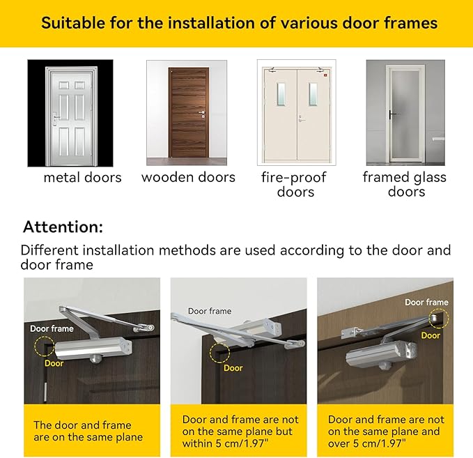 Automatic Door Closer Heavy Duty Hydraulic Aluminum Alloy Surface Mounted Home Door Closer Commerical UL 3-Hour Fire Rating ANSI Grade 1 Adjustable Speed Spring Size 2-5 Door Weight 44-330 Lbs
