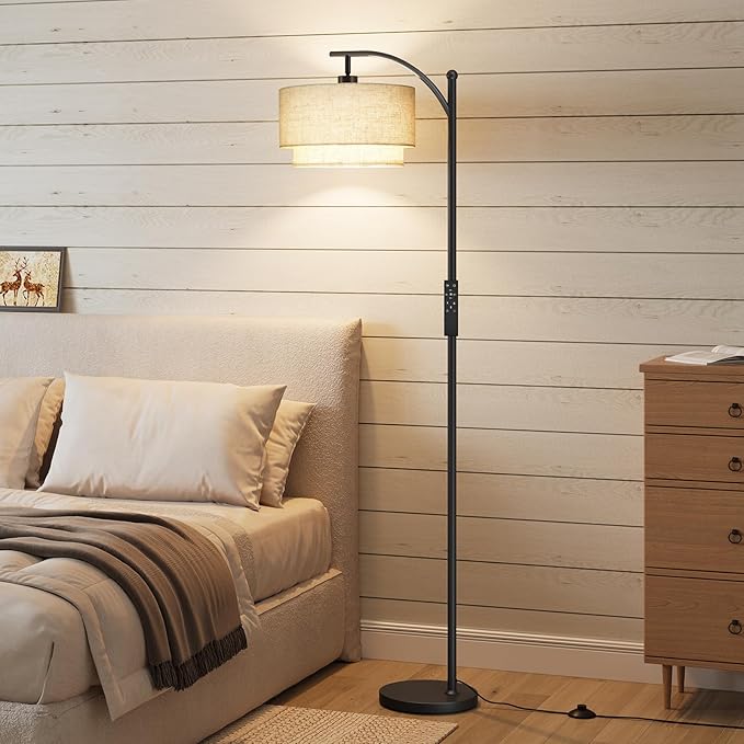 SUNMORY Floor Lamps for Living Room with 12W Remote and Dimmable Bulb, LED Arc Lamp, Modern Floor Lamps with Adjustable Double Fabric Shades, Tall Standing Lamp for Bedroom, Corner, Home Decor