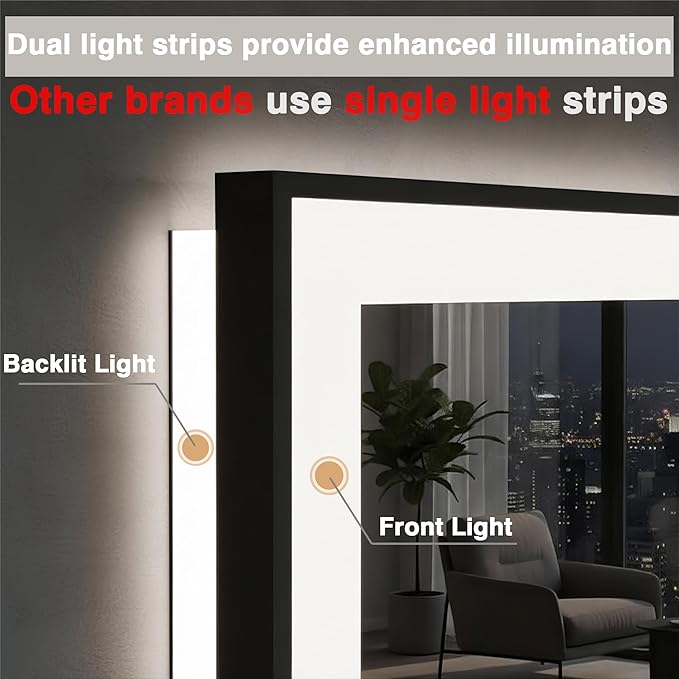 Large 88x38 LED Bathroom Mirrors - Black Aluminum Trim (Front and Backlit), Anti-Fog Vanity Mirror with Lights,Stepless Dimmable Lighted, 3 Colors Smart, Memory (Horizontal/Vertical)