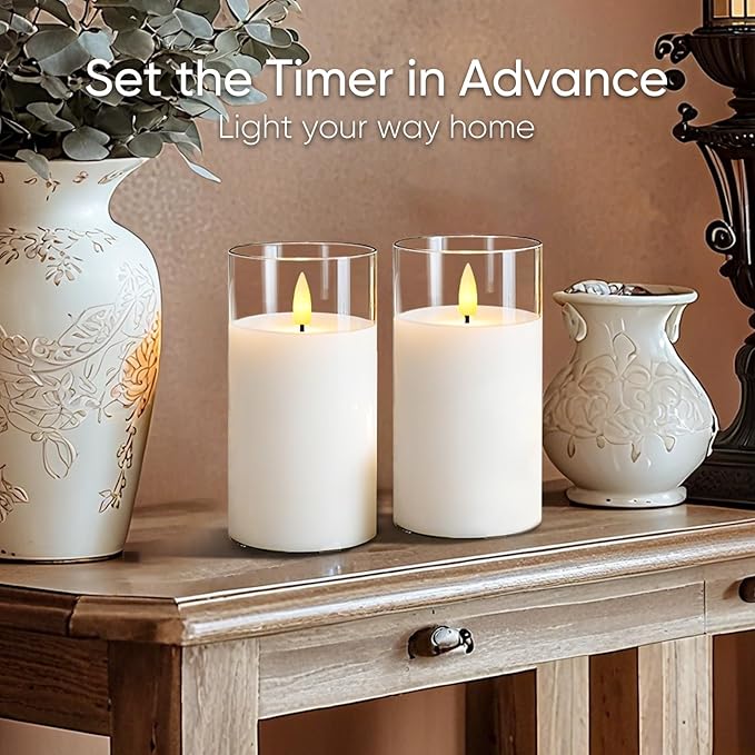 5plots Clear Glass Flameless Candles with Remote Timer, Set of 2, White LED Real Wax Glass Pillar Candles Warm Flickering Light for Indoor Home & Wedding Decor D3 x H6 6"