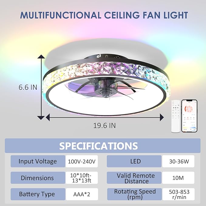 20" Smart RGB Ceiling Fan with Light and Remote/App Control. This bladeless fan has a sleek black design. It features a dimmable, color-changing RGB light. This makes it ideal for bedrooms, kids' room