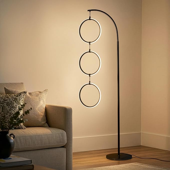 Brightech Nova Modern Floor Lamp Matches Living Room Décor - Contemporary Arc Tall Lamp with 3-Circle Ring-Style Pendant - Over The Couch Standing on Arching Pole - Eclectic- Black