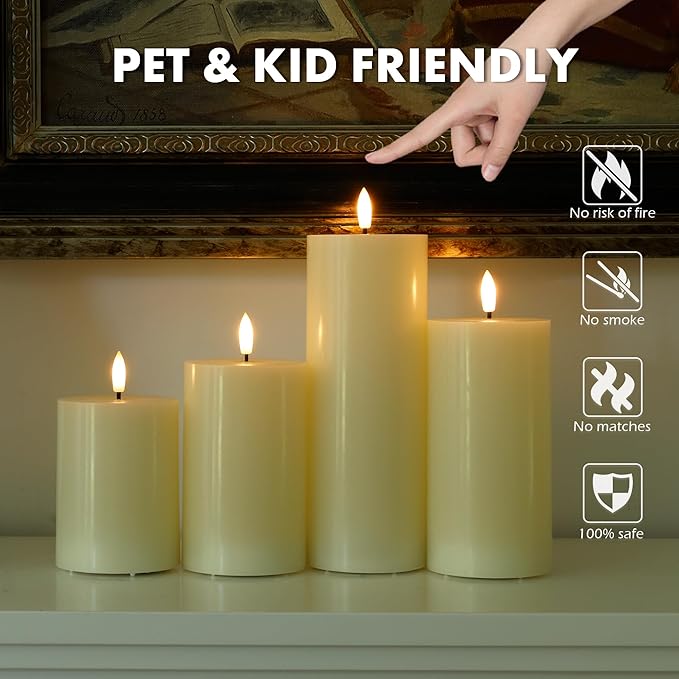 Flickering Flameless Candles, Real Wax Battery Operated Candles with Remote, Flat Top Led Flameless Pillar Candles for Home, Wedding, Party Decor, Set of 4, Φ 3" H 4" 5" 6" 8", Ivory