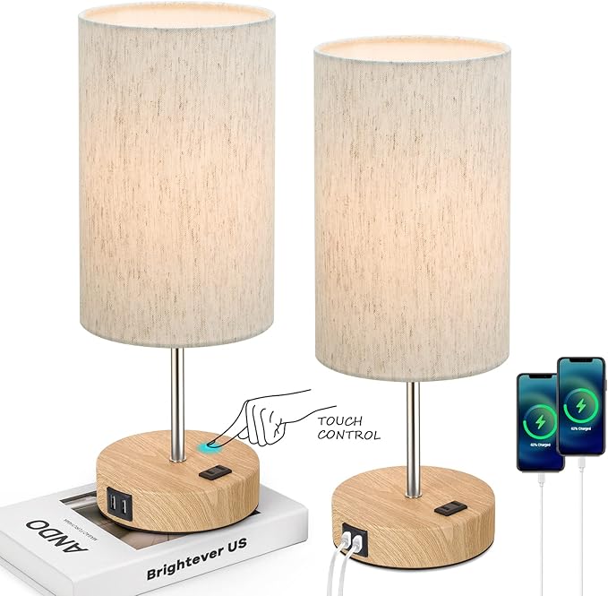 Table Lamps Set of 2 Touch Control, 2 USB Charging Ports&AC Outlet, 3-Way Dimmable Bedside Nightstand Lamp with Flaxen Fabric Shade and Wooden Base for Bedroom, 2-Pack A19 LED Bulbs Included