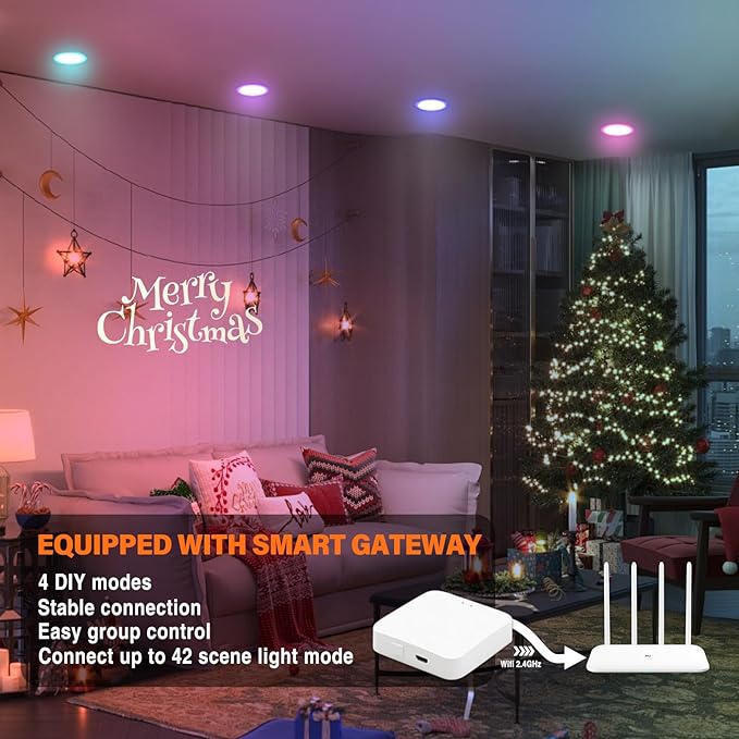 6Pack Smart RGB Recessed Lighting 4Inch,Ultra-Thin Canless LED Downlight,2.4GHz Wi-Fi Bluetooth, 2700K-6500K, 9W 810LM,Work with Tuya App,Alexa,Google Assistant,Sync Music