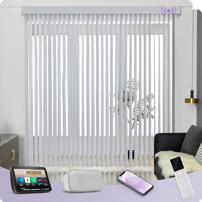 Graywind Motorized Vertical Blinds Compatible with Alexa Google Privacy Reversible Blackout Smart Vertical Blind Remote Control Track Slats Set for Patio Sliding Glass Doors, Width Up to 157", White