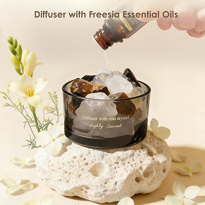 Crystal Stone Aroma Diffuser with Essential Oils for Home, Bathroom, Office, Home Decor & Fragrance 2 in 1, Chic Aromatherapy Gift Set (Freesia Scent)