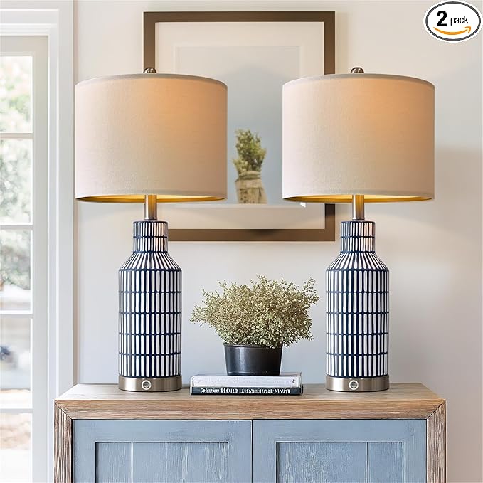 25" Modern 3-Way Dimmable Touch Control with USB A+C Ceramic Lamps Set of 2 Table Lamp for Living Room Bedroom Farmhouse Nightstand Bedside Blue