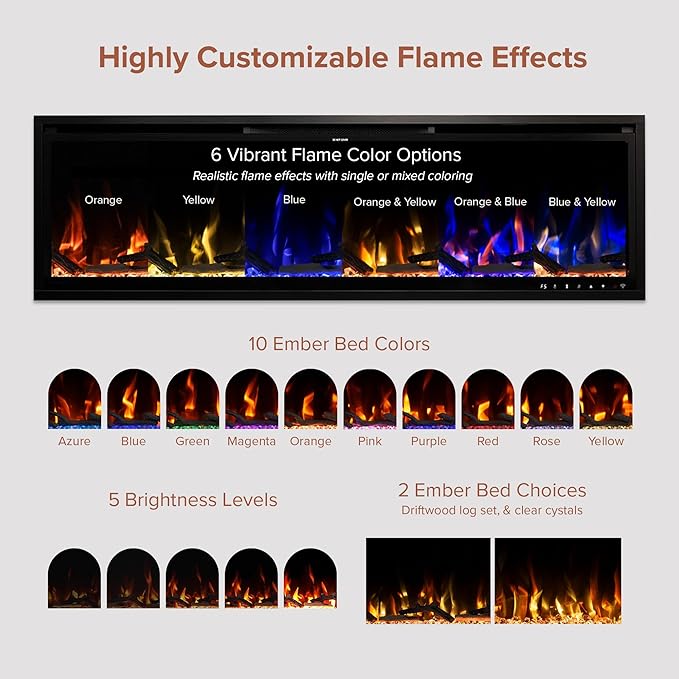 Modern Ember Aerus Slim 50 Inch Smart Linear Electric Fireplace | Recessed in-Wall or Wall-Mount | LED Multiple Flame Colors | Alexa/WiFi Enabled | 4.25” Profile | Remote Included