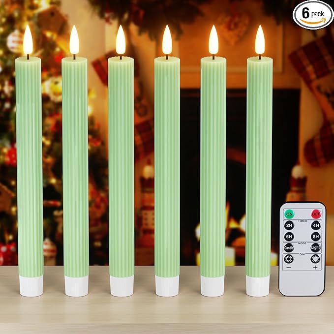 Wondise Flameless Flickering Taper Candles with Remote and Timer, Battery Operated 3D Wick Real Wax LED Taper Candles 6 Packs for Spring Dinner Holiday Decor(0.78 x 9.64 Inches，Green)