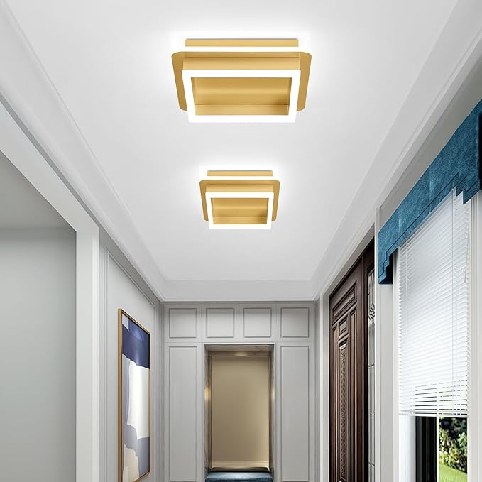 CANEOE 2 Packs Square Modern LED Light Fixture, 24W Black Flush Mount Hallway Light, Small Close to Ceiling Lamp for Living Room, Bedroom, Kitchen, Balcony, Cloakroom (All Gold, 2 Packs)