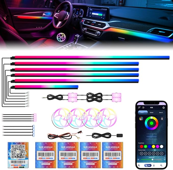 New Version Dreamcolor Acrylic Car Interior Lights 22 in 1 RGB LED Strip Lights APP Control Zoned Control System 252 Color Modes DIY Fiber Optic Ambient Lighting Kits Music Car Neon Light Kits