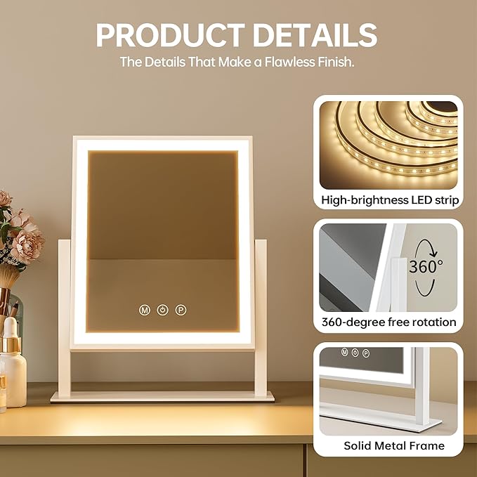 Vanity Mirror with Lights, 3-Color Dimmable & Adjustable Lighted Makeup Mirror with Smart Touch and 360° Rotation
