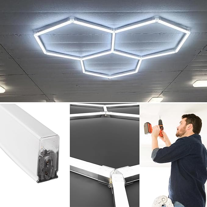 Dimmable Garage Hexagon Lights, 45W 6500K 24V Dimmable Higher Brightness Hex Garage Lights, Plug and Play for Warehouse Workshop Gym Basement Car Care Wash Room （with Remote Control）