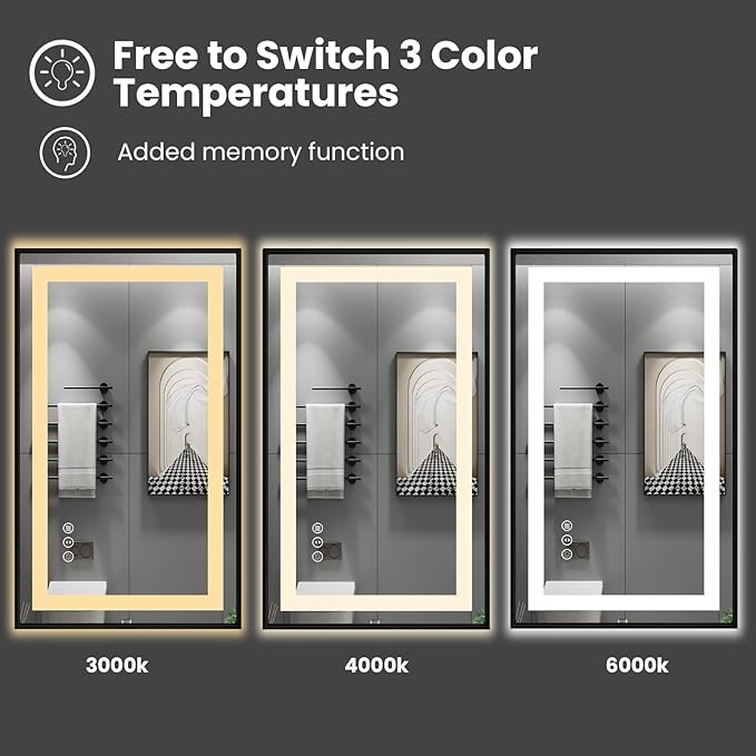 Amorho LED Bathroom Mirror, 72" X40" Front Light and Backlit, Black Framed, Stepless Dimmable, Anti-Fog, Shatter-Proof, Memory, 3 Colors, Double LED Vanity Mirror