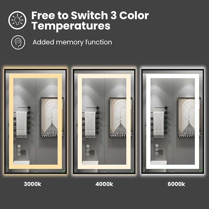 Amorho 28"X36" LED Bathroom Mirror with Black Frame, Front Light and Backlit, Stepless Dimmable, Anti-Fog, Shatter-Proof, Memory, 3 Colors, Double LED Vanity Mirror