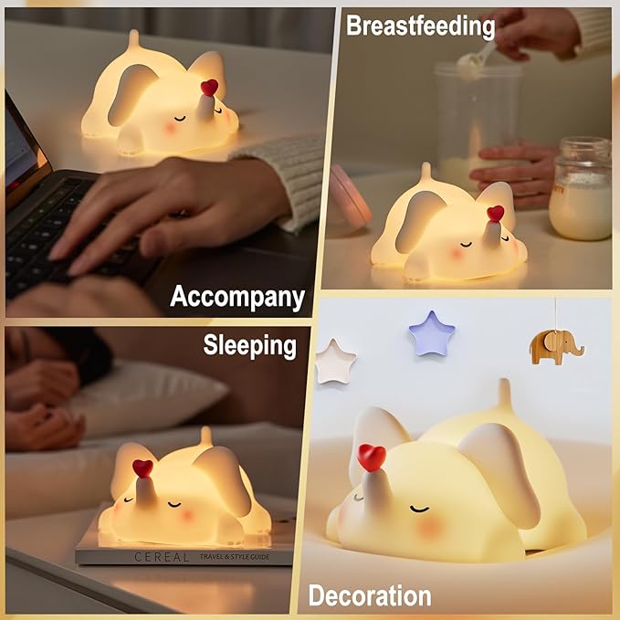 Little Loving Elephant Cute Night Light, 3-Level Dimmable Soft Light, Timed, Rechargeable, Silicone Bedside Touch Lamp, Creates a Cozy Ambiance, Ideal Decoration and Gift for Girls, Women, and Kids