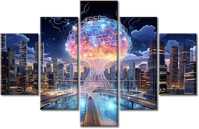 5 Pieces City Smart Brain Canvas Wall Art for Living Room Human Brain Energy Large Wall Art Brain Nervous System Modern Artwork Print On Canvas Ready to Hang for Bedroom Office (60"Wx40"H)