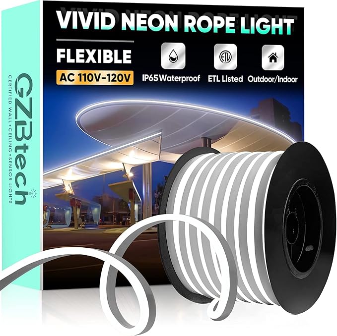 GZBtech Flexible LED Neon Rope Lights 66FT,AC 110-120V Waterproof Strip Light, 120 LEDs/M Cuttable Connectable Neon Lighting for Indoor Outdoor Home Decor/Commercial Use-Cold White 20M, ETL Listed