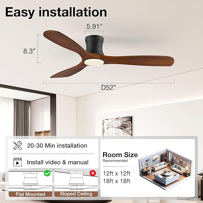 52inch Wood Ceiling Fans with Lights and Remote,Low Profile Modern Ceiling Fan with Light,Outdoor Indoor Flush Mount Ceiling fan,for Patio Bedroom Farmhouse,Walnut,3 Blades,6 Speeds,Quiet