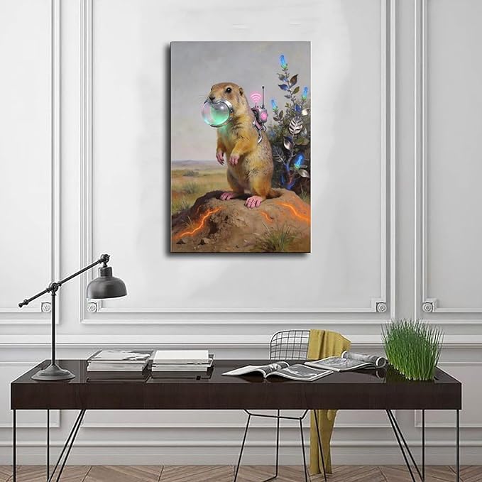 Framed Steampunk Mechanical Prairie Dog Wall Art - Retro-Futuristic Wilderness Poster for Living Room Game Room Decor 16x24inch(40x60cm)
