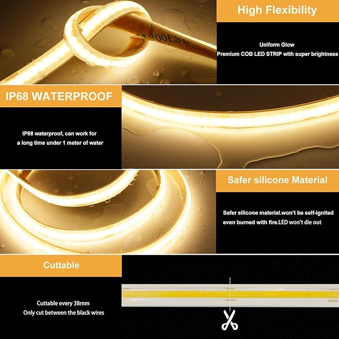 16.4ft COB LED Strip Lights Waterproof IP68, 2700K Warm White Outdoor 24V Dimmable Silicone LED Tape Lighting High Density, 4000LM+, 1600LEDs Clips and Screws(Power Supply Not Included)