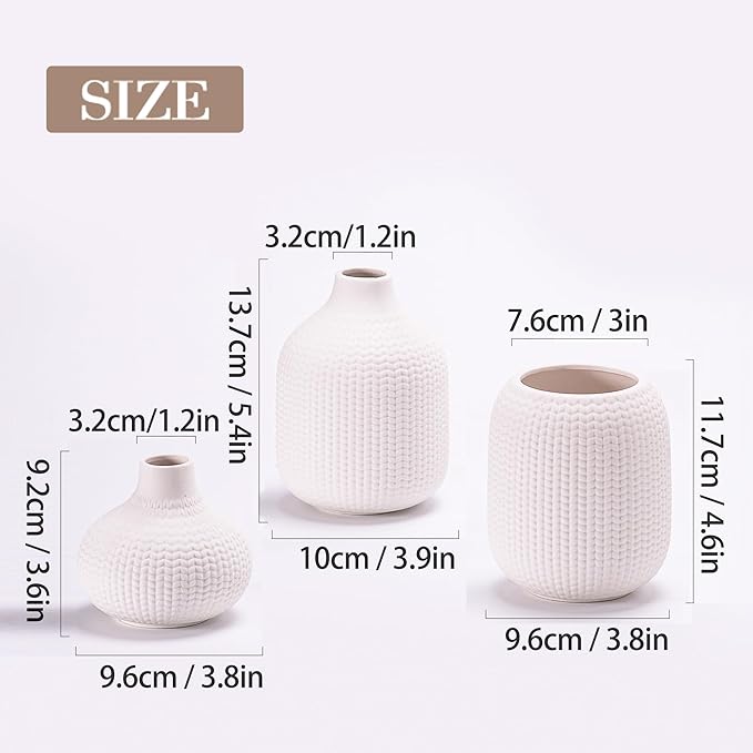 White Ceramic Vases for Decor, Weave Style Modern Minimalist Decorative Vase Set of 3 for Table Shelf, Bookshelf Decoration