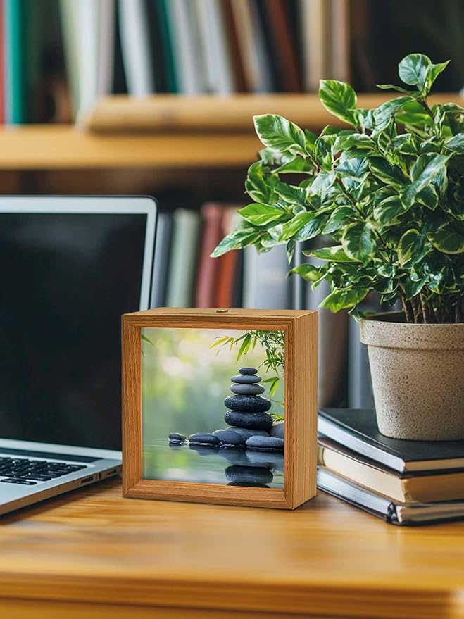 Wood Night Light Box 4.5x4.5in,Zen Meditation Stone Lake Table Lights Wooden Picture Frame with USB Rechargeable Touch LED Lights for Home Decor Desktop Display,Nature Landscape Still Life