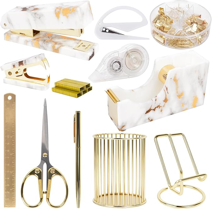 Office Desk Accessories Supplies - 13 Pcs Women Gold Marble Desk Decor Set, Cute Aesthetic Office Essentials Kit, Stapler Tape Dispenser Pen Organizer, Acrylic Mini Teacher Stuff for School Home Work