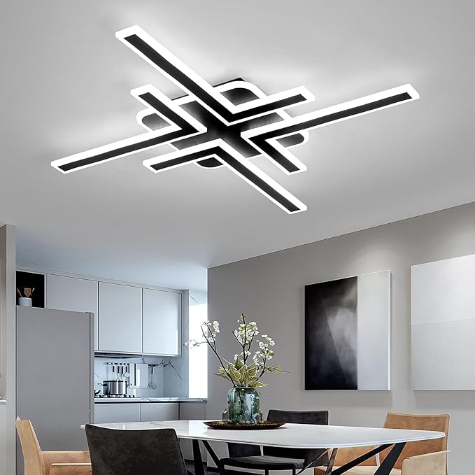 Modern Sputnik Flush Mount Ceiling Light Fixture 34.25Inches LED Dimmable Ceiling Light with Remote Control 3 Color 64W Black Chandelier for Kitchen Dining Room Living Room Bedroom.