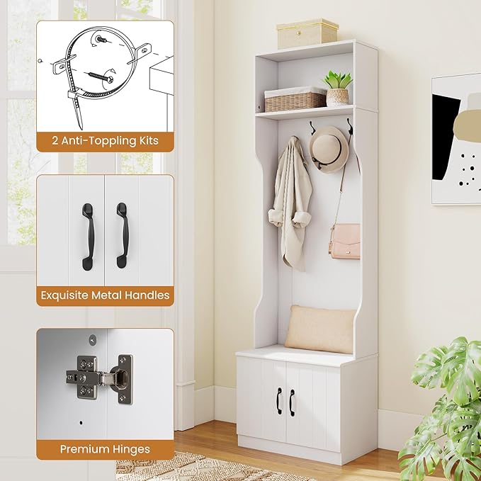 Giantex 3-in-1 Hall Tree with Bench and Shoe Storage, 23.5" Tall Coat Rack with Adjustable Shelves, 4 Hanging Hooks, 2-Door Cabinets, Modern Mudroom Storage Organizer for Living Room, Hallway