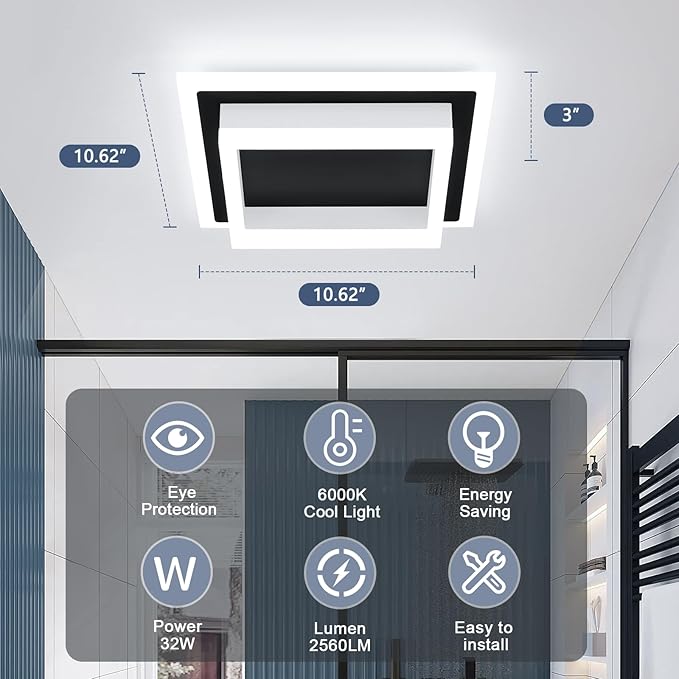 32W Modern LED Ceiling Light, Small Flush Mount Light Fixture, Kitchen Ceiling Lighting Fixtures 6000K, Square Hallway Lighting Fixtures for Living Room Bedroom Bathroom 2 Pack