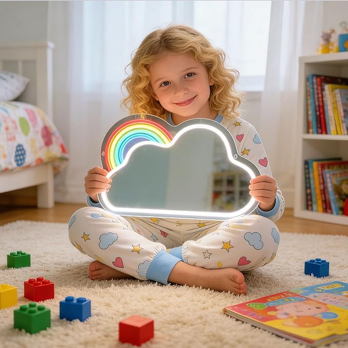 Cloud Rainbow Mirror with Light Neon Signs for Wall Decor，Makeup Mirror neon Sign Teen Girl Bedroom Becor for Birthday Christmas Halloween Thanksgiving