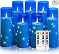 Flameless Candles with Embedded Star String, Battery Operated LED Pillar Candles with Timer and Remote Control,Home Decorating for Ambiance， Set of 7 (Blue)