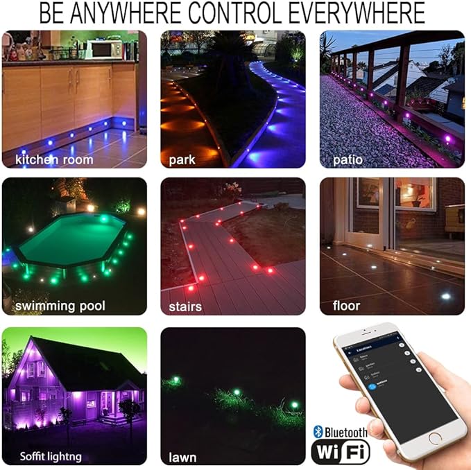 LED Deck Light Kit, 10pcs Φ1.77” WiFi Wireless Smart Phone Control Low Voltage Recessed RGBW Deck Lights with Remote, Voice Control, IP67 Waterproof Outdoor Path Stair Landscape Lighting, Black
