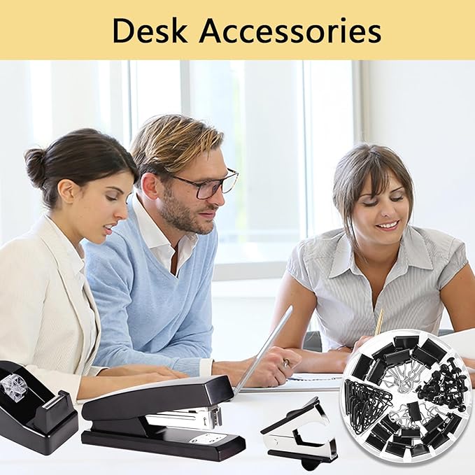 Office Supplies,Desk Accessories,Tape Holder,Stapler,Scissor,Staple Remover,Box of Binder Clips,Staples,Ballpoint Pen,Lndex Tabs,Clear Tape,Office Supplies Set(Black)