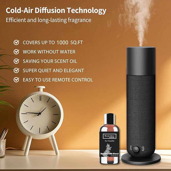 Smart Waterless Essential Oil Diffuser, Scent Air Diffuser with Roy Tranquility Oil Set for Homes Offices Hotels, Covers Up to 1000 Sq.Ft, Adjustable Mist & Timer