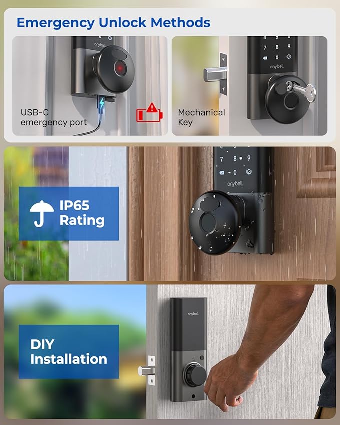 Palm Vein Smart Lock with 2K Security Camera & Video Doorbell, Anybell Keyless Entry Wi-Fi Deadbolt for Front Door, AI Local Storage, Auto Lock, App Remote Control, Home Security