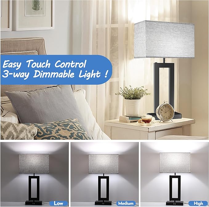 22’’ Tall Set of 2 Touch Control Table Lamp w. 2 USB Ports, 3-Way Dimmable Modern Bedroom Bedside Touch Lamps w. Fabric Gray Shade for Living Room End Table Nightstand Reading