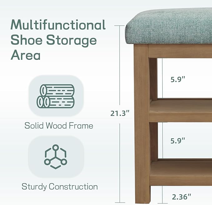 2 Tier Shoe Rack Bench with Cushion, Solid Wood Shoe Benches, Mid-Century Modern Shoe Storage Bench for Entryway, Hallway, Living Room, Closet, Front Door Entrance, (Teal, 31.5")