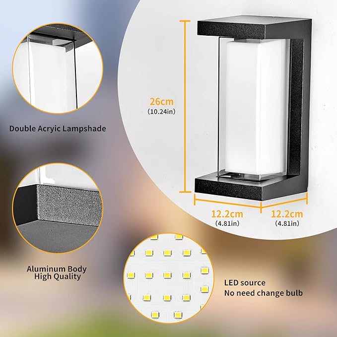 LANFU 3000K LED 18W Aluminum Rectangular Outdoor Wall Sconce Exterior Light Outside Light Fixture, Black with Warm White, IP64 Waterproof Wall Lights for House Patio Porch Garage